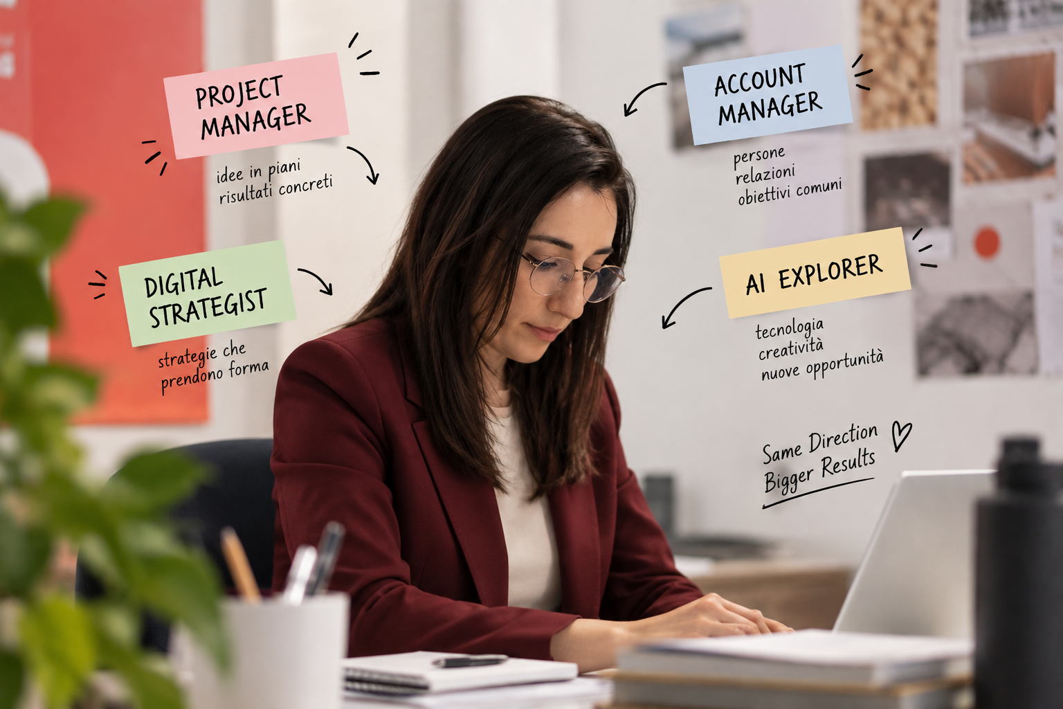 Daniela Parisi alla scrivania, circondata da post-it con i suoi ruoli: project manager, account manager, digital strategist, AI explorer