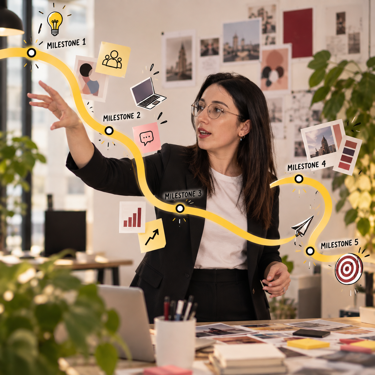 Daniela Parisi davanti a una roadmap di progetto con cinque milestone